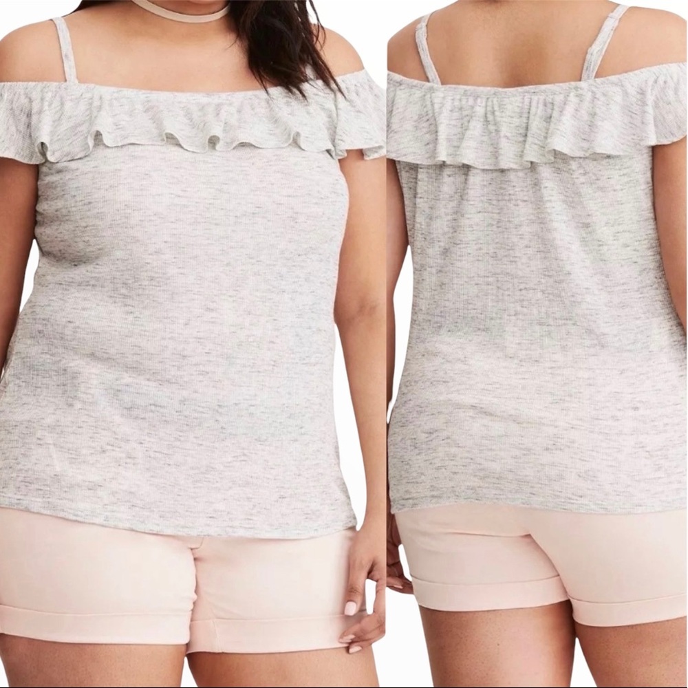 NWT TORRID Retro Grunge Plus Size 1X Off Shoulder Ruffle Blouse Oatmeal Grey Top